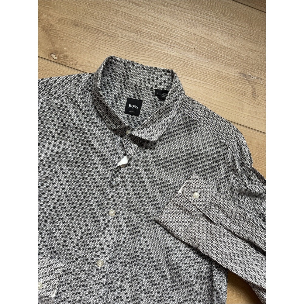 Men's Boss Hugo Boss Slim Fit Sz Large Geometric Black Long Sleeve Shirt